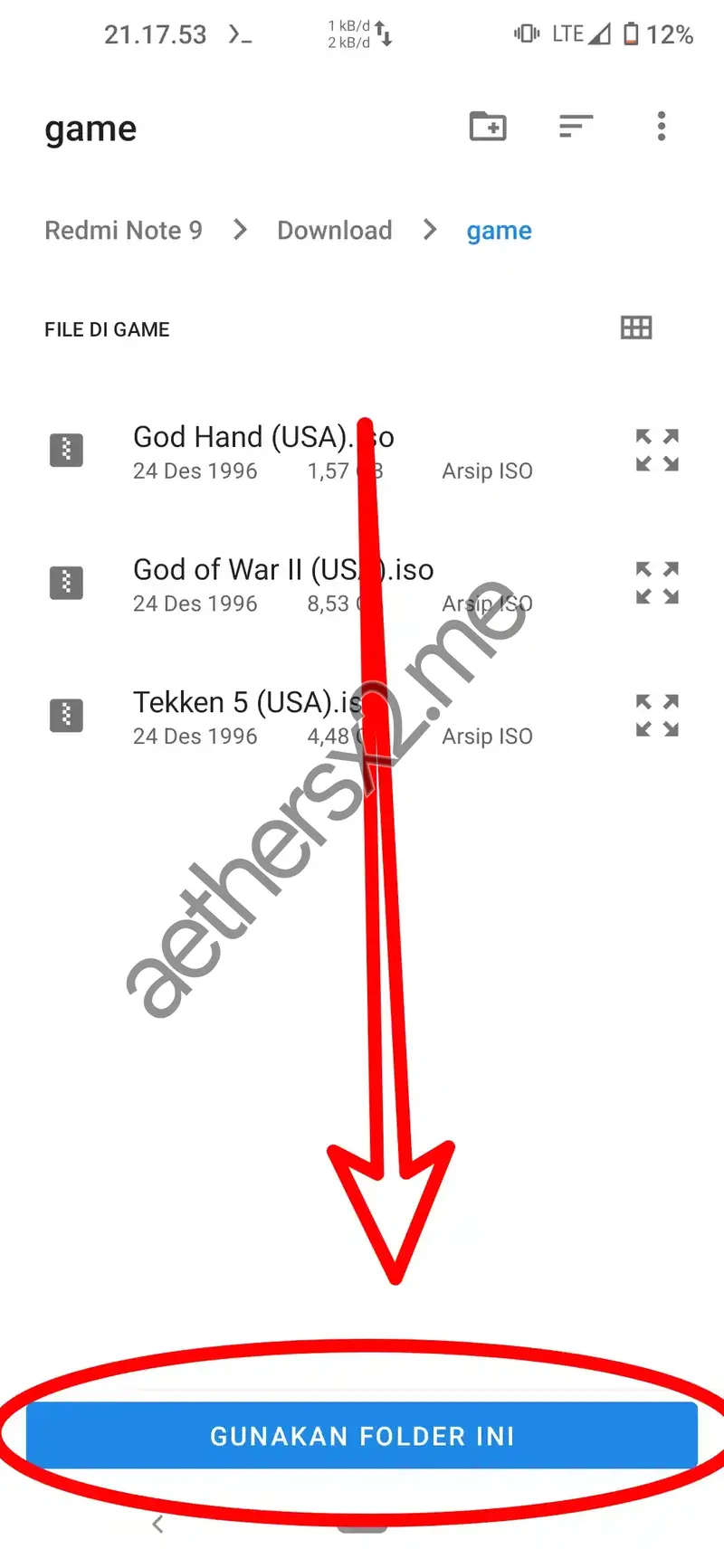 Langkah 8 Instalasi AetherSX2 - Pilih Folder Game dari Penyimpanan